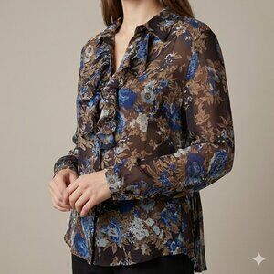 100% Silk Coldwater Creek Ruffle Pleated Blouse  Size Petite Med